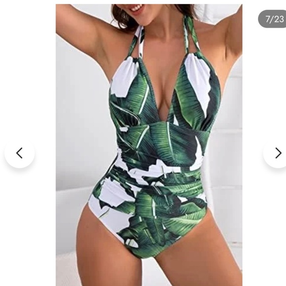 B2PRITY Tropical Palm Frond Leaf V-Neck Ruched‎ Halter 1pc Monokini medium  NWT - Picture 14 of 16